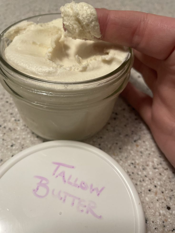 Jar of beef tallow on counter